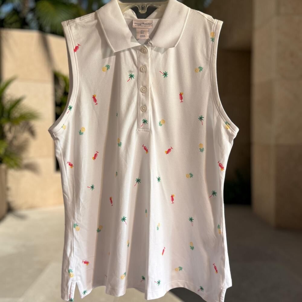 Tommy Bahama Sleeveless Polo Shirt White Tropical Pineapple Print Large NWT